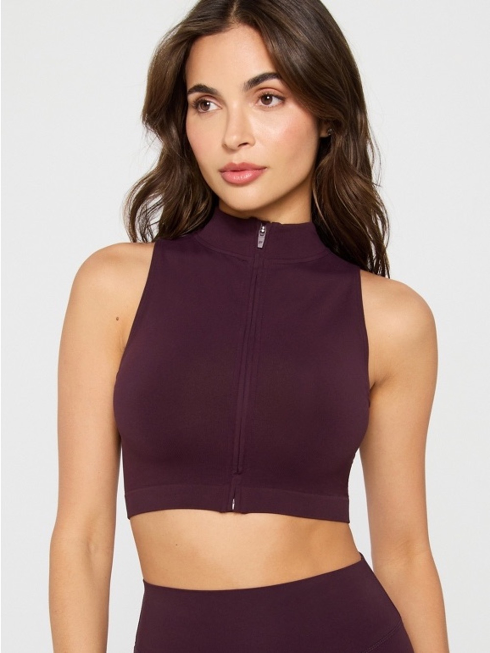 Fabletics Plum High-Neck Zip-Front Crop Sports Bra